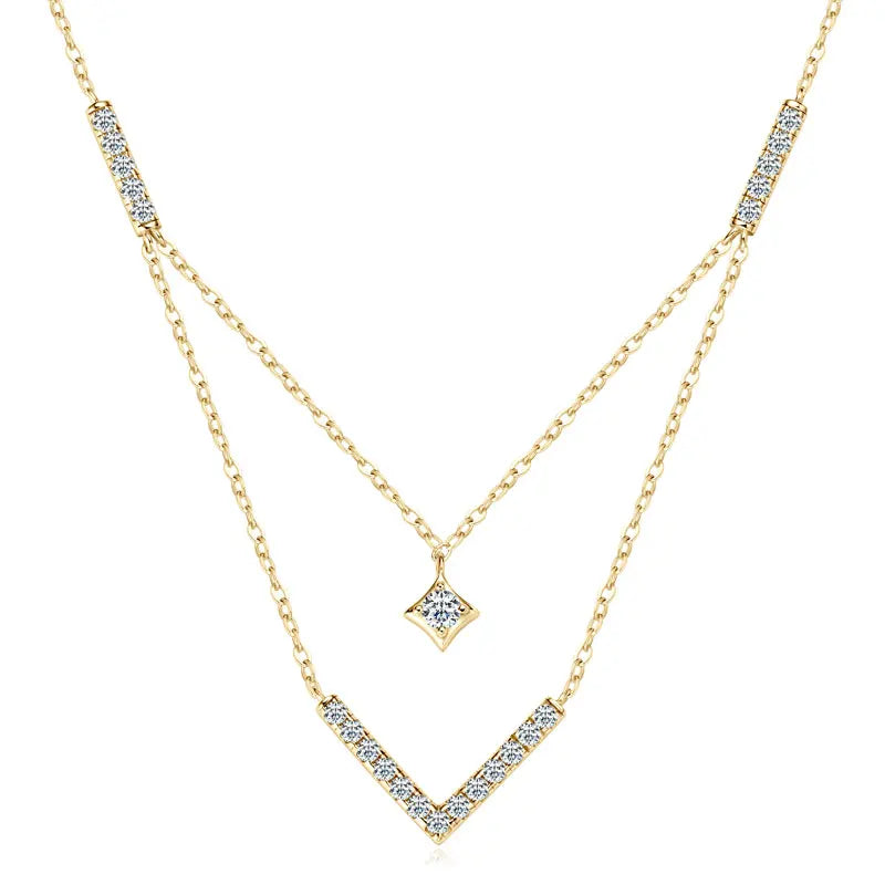 Lnngy Sparkling 3mm&1.8mm Round Moissanite Necklace 925 Sterling Silver Fashion V-Shape Necklaces for Women Fine Jewelry Gift - Brileon