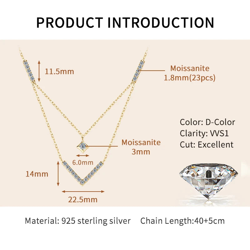 Lnngy Sparkling 3mm&1.8mm Round Moissanite Necklace 925 Sterling Silver Fashion V-Shape Necklaces for Women Fine Jewelry Gift - Brileon