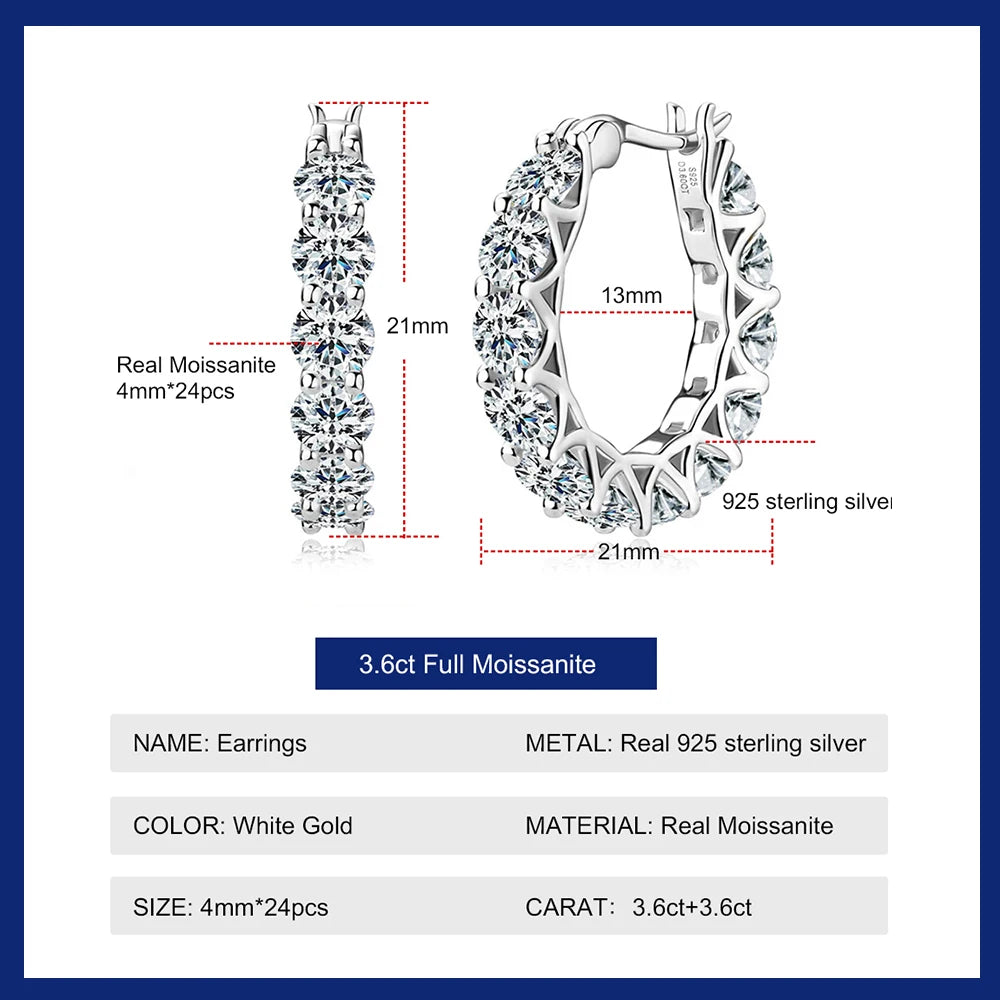 Luxury 4mm Full Moissanite Hoop Earring Original Certified 925 Silver 3.6ct Moissanite Diamond Earring for Women Wedding Jewelry - Brileon