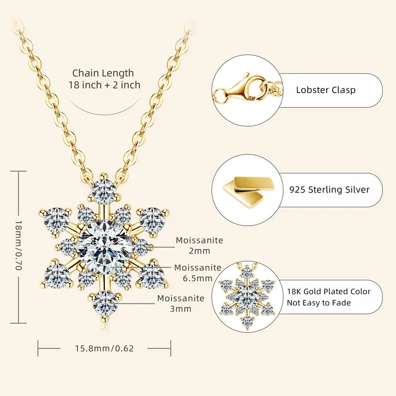 RAPRGOLD Round Cut Moissanite Snowflake Pendant Necklaces for Women Solid 925 Sterling Silver Chains Wedding Jewelry Gift collar - Brileon