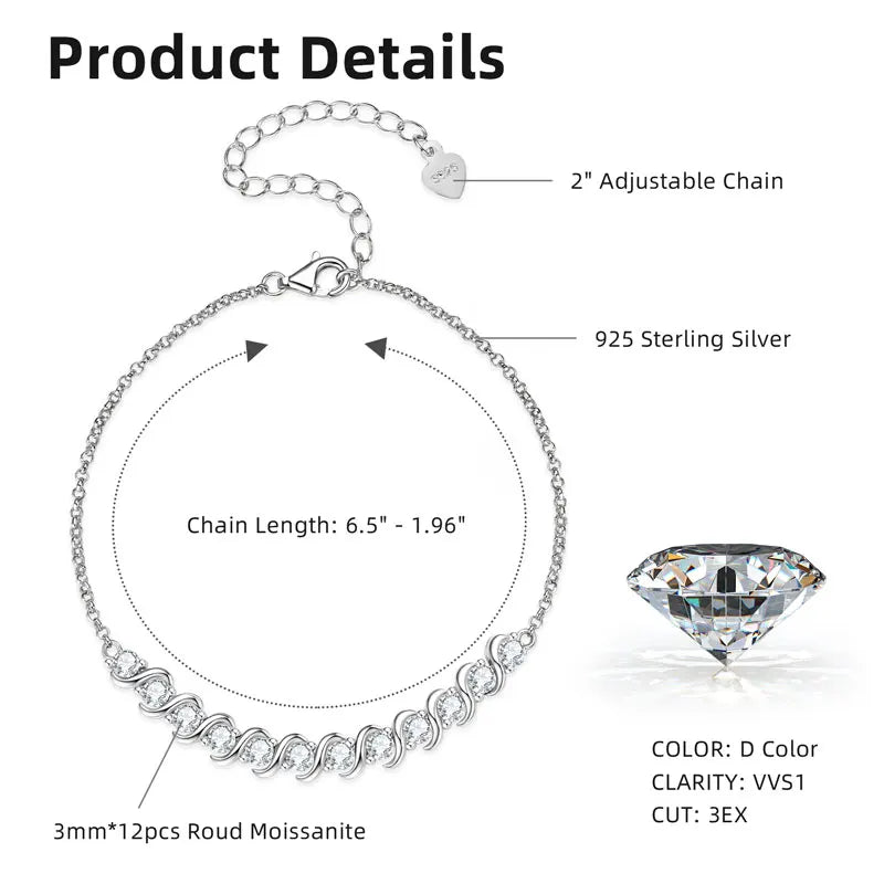 RAPRGOLD Full Moissanite Bracelet for Women S925 Sterling Silver Adjustable Bracelets Chain Wedding Party Jewelry Gifts pulseras - Brileon
