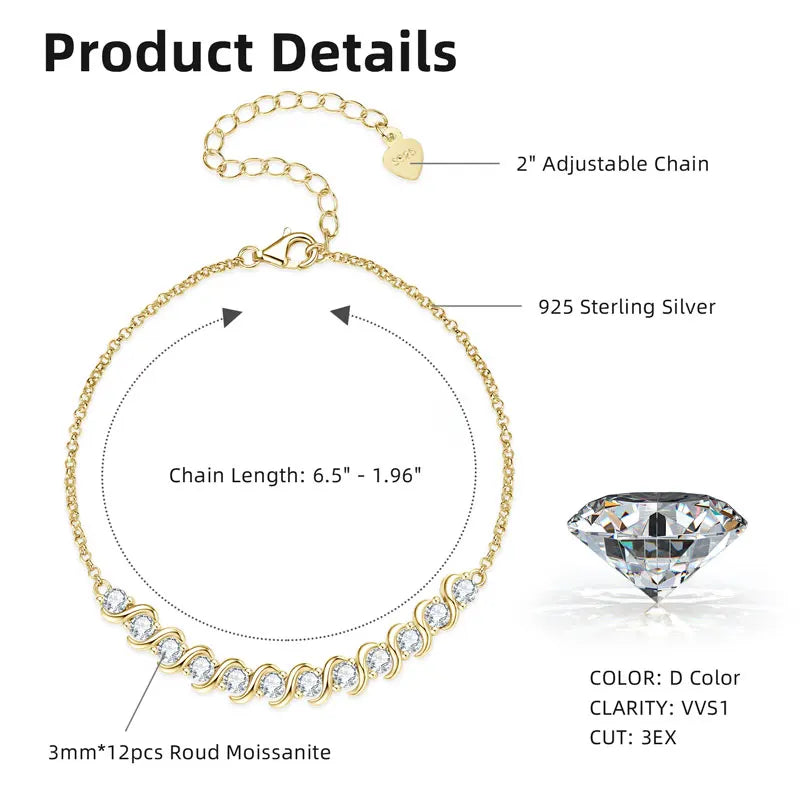RAPRGOLD Full Moissanite Bracelet for Women S925 Sterling Silver Adjustable Bracelets Chain Wedding Party Jewelry Gifts pulseras - Brileon