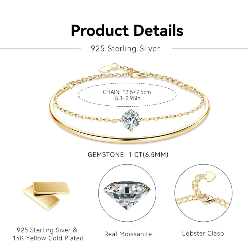 Lnngy 6.5mm Moissanite Bracelet For Women 925 Sterling Silver Double Chain Adjustable Cuff Bracelets Pulsera Wristband Jewelry - Brileon