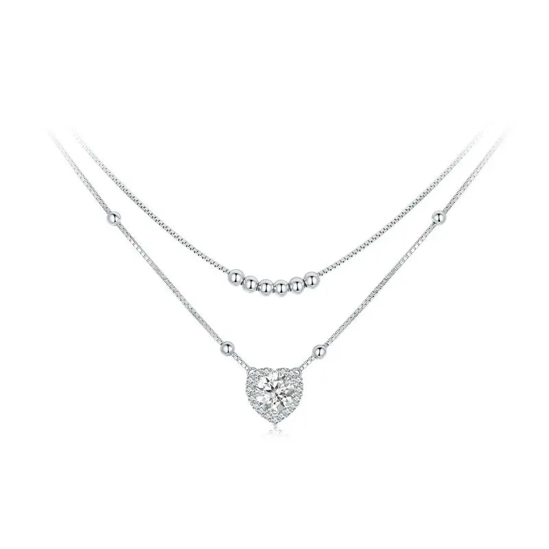 Bamoer 925 Sterling Silver Halo Heart Moissanite Pendant Necklace Double-layer Necklace for Women Valentine's Day Gift - Brileon