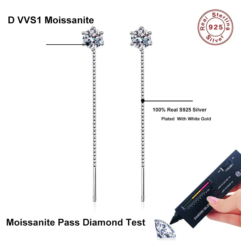 NeeTim 1CT Moissanite Earrings S925 Sterling Silver Plated with White Gold Ear Wire Line Drop Earring Hoop Wedding Fine Jewelry - Brileon