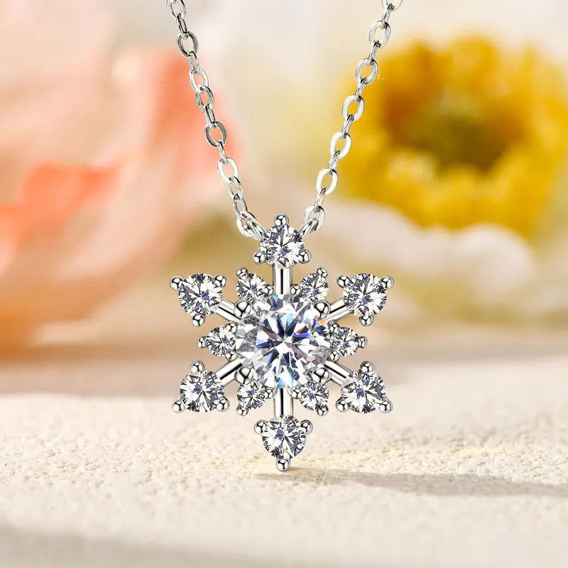 RAPRGOLD Round Cut Moissanite Snowflake Pendant Necklaces for Women Solid 925 Sterling Silver Chains Wedding Jewelry Gift collar - Brileon
