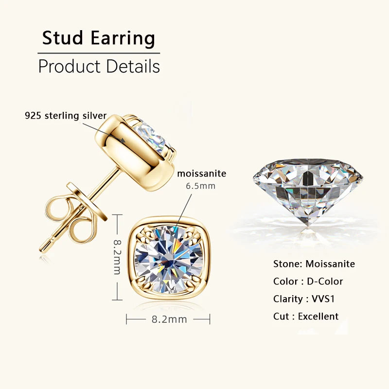 Lnngy Sparkling 6.5MM 1CT Moissanite Earrings For Women Certified 925 Sterling Silver Square Shape Stud Earring 2024 New Jewelry - Brileon