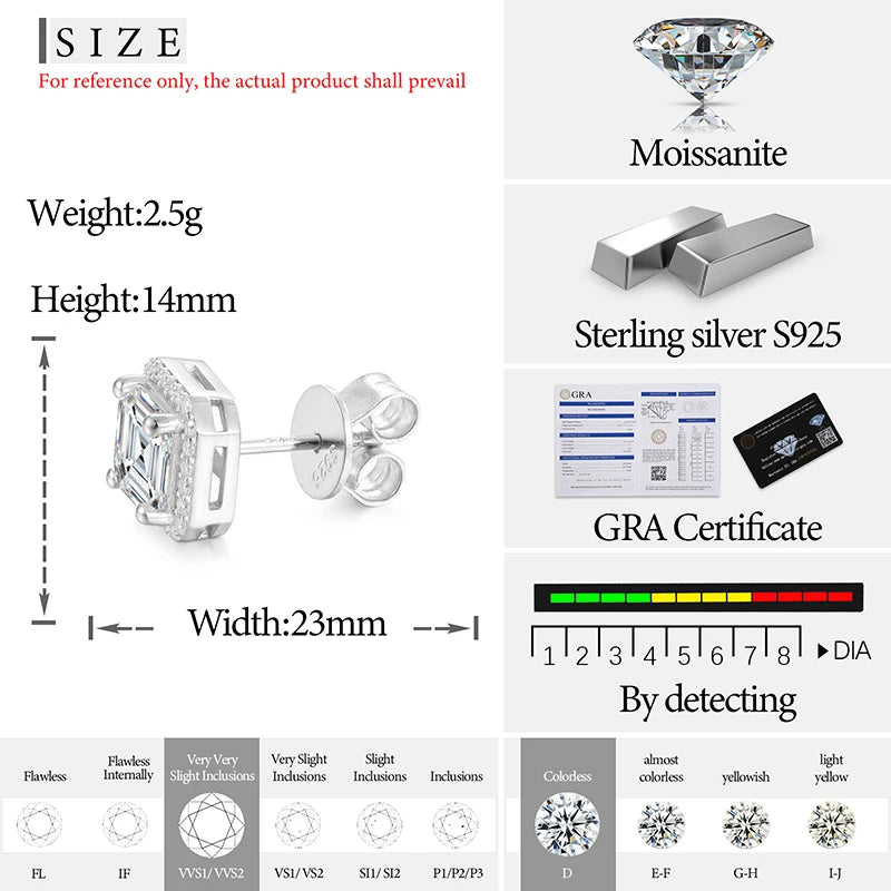 D VVS Ascher Cut Moissanite Square Stud Earrings 925 Sterling Silver High Quality For Women Wedding Jewelry Passed Diamond Test - Brileon