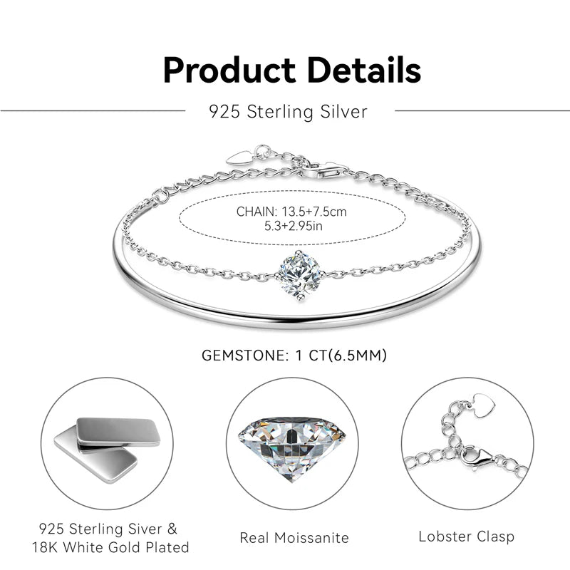 Lnngy 6.5mm Moissanite Bracelet For Women 925 Sterling Silver Double Chain Adjustable Cuff Bracelets Pulsera Wristband Jewelry - Brileon