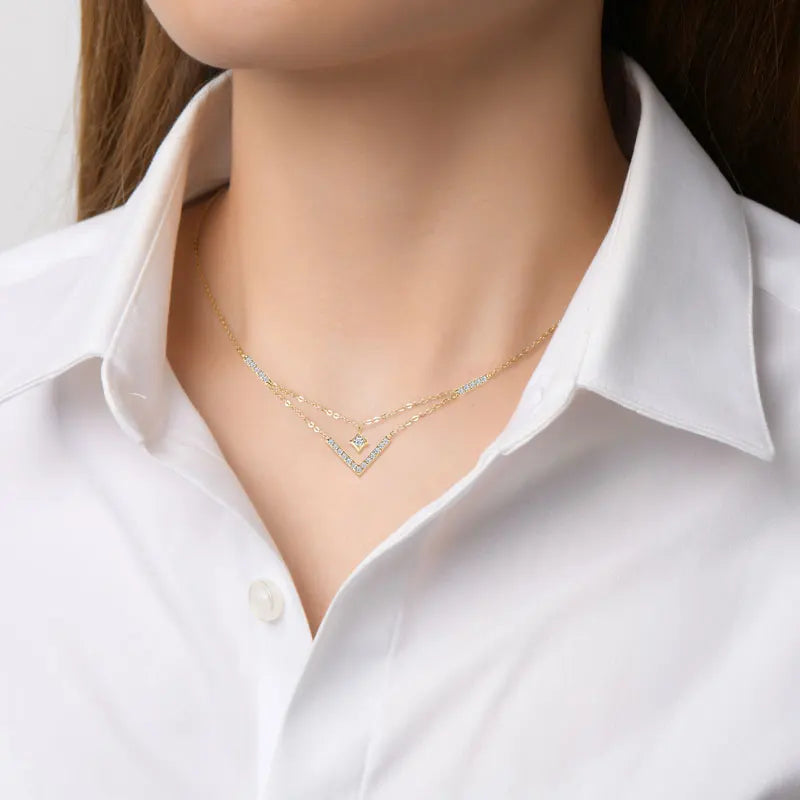Lnngy Sparkling 3mm&1.8mm Round Moissanite Necklace 925 Sterling Silver Fashion V-Shape Necklaces for Women Fine Jewelry Gift - Brileon