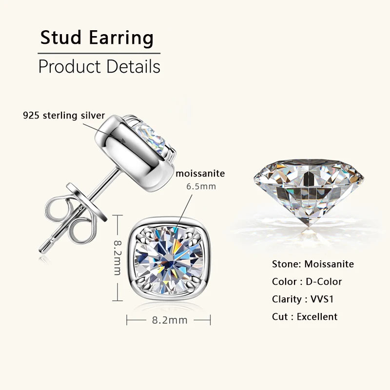 Lnngy Sparkling 6.5MM 1CT Moissanite Earrings For Women Certified 925 Sterling Silver Square Shape Stud Earring 2024 New Jewelry - Brileon