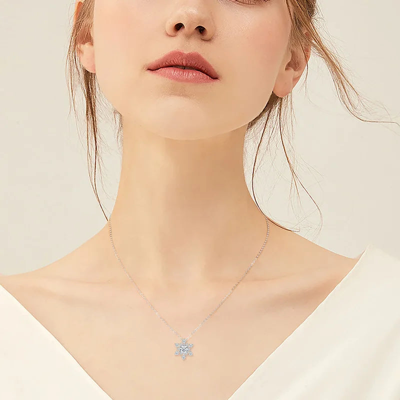 RAPRGOLD Round Cut Moissanite Snowflake Pendant Necklaces for Women Solid 925 Sterling Silver Chains Wedding Jewelry Gift collar - Brileon