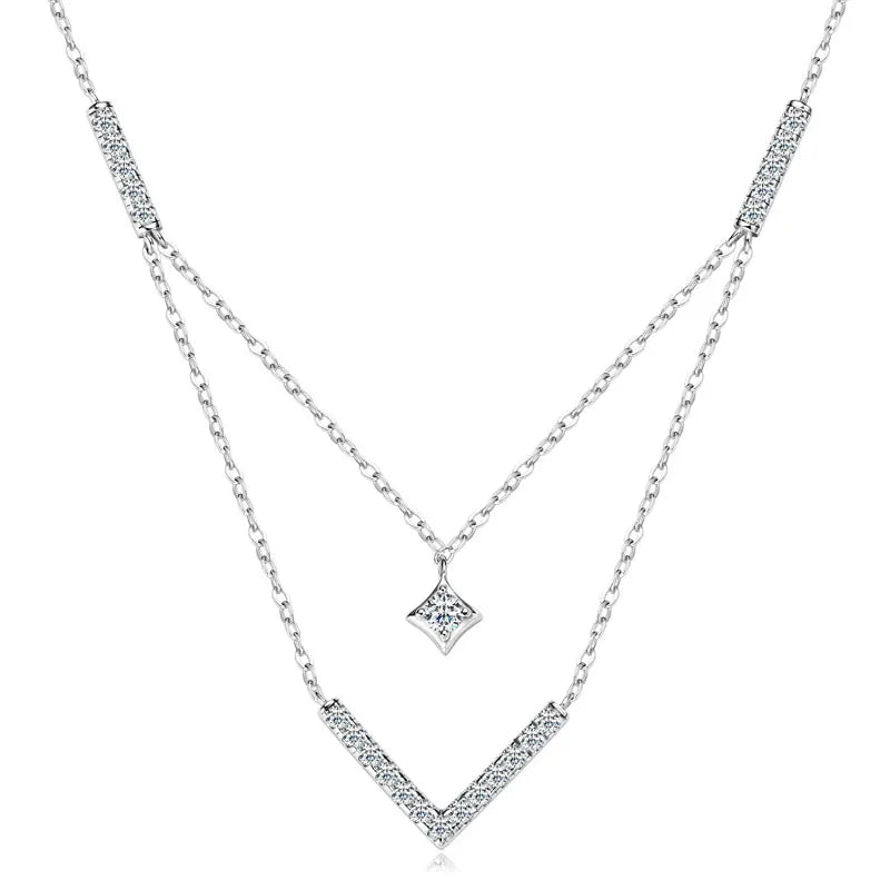 Lnngy Sparkling 3mm&1.8mm Round Moissanite Necklace 925 Sterling Silver Fashion V-Shape Necklaces for Women Fine Jewelry Gift - Brileon