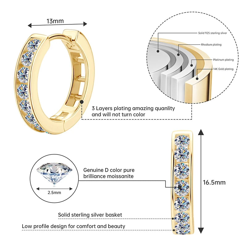 RAPRGOLD GRA Certified Moissanite Hoop Earrings for Women Men's Real S925 Sterling Silver Round Earring Jewelry Gifts orecchini - Brileon