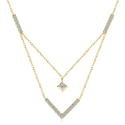 Lnngy Sparkling 3mm&1.8mm Round Moissanite Necklace 925 Sterling Silver Fashion V-Shape Necklaces for Women Fine Jewelry Gift - Brileon