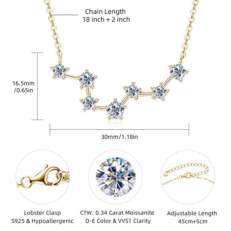 RAPRGOLD D Color GRA Certified Moissanite Big Dipper Pendant Necklaces S925 Sterling Silver Women's Jewelry Chains for Wedding - Brileon