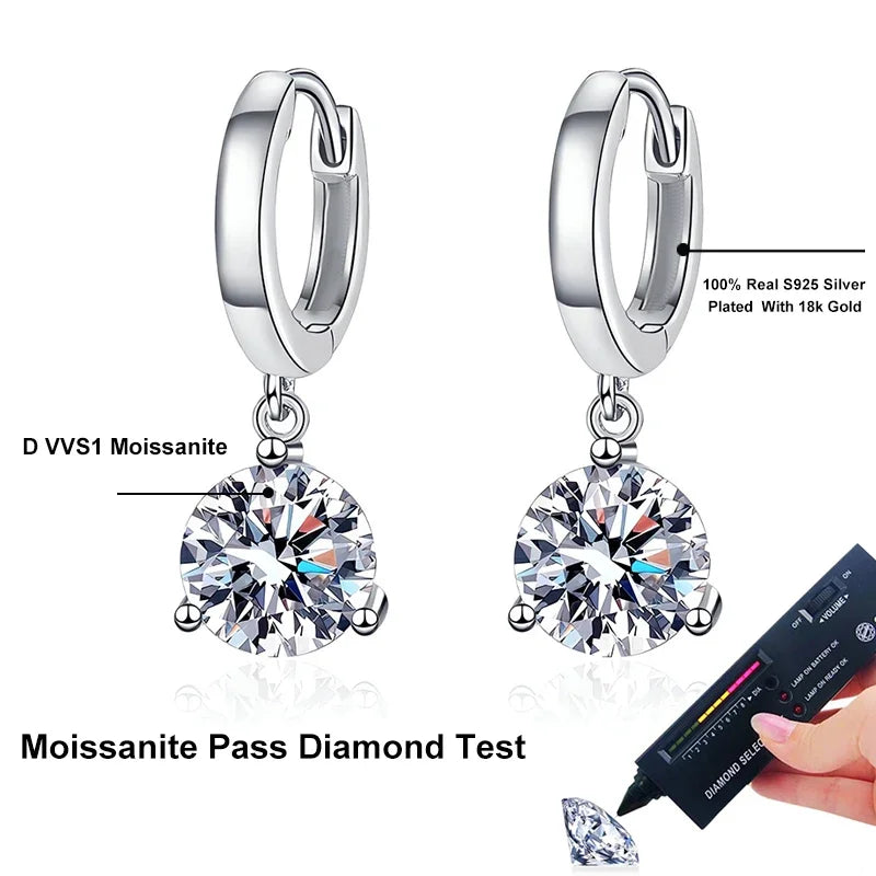 NeeTim 2ct Moissanite Earrings100% S925 Sterling Silver Orginal Drop Earring Wedding Bride Jewelry with Certificate for Women - Brileon