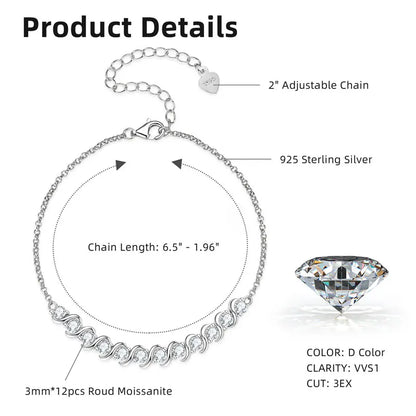 RAPRGOLD Full Moissanite Bracelet for Women S925 Sterling Silver Adjustable Bracelets Chain Wedding Party Jewelry Gifts pulseras - Brileon