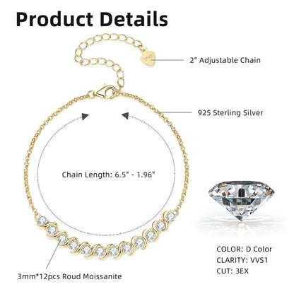 RAPRGOLD Full Moissanite Bracelet for Women S925 Sterling Silver Adjustable Bracelets Chain Wedding Party Jewelry Gifts pulseras - Brileon