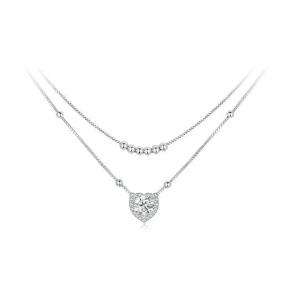Bamoer 925 Sterling Silver Halo Heart Moissanite Pendant Necklace Double-layer Necklace for Women Valentine's Day Gift - Brileon