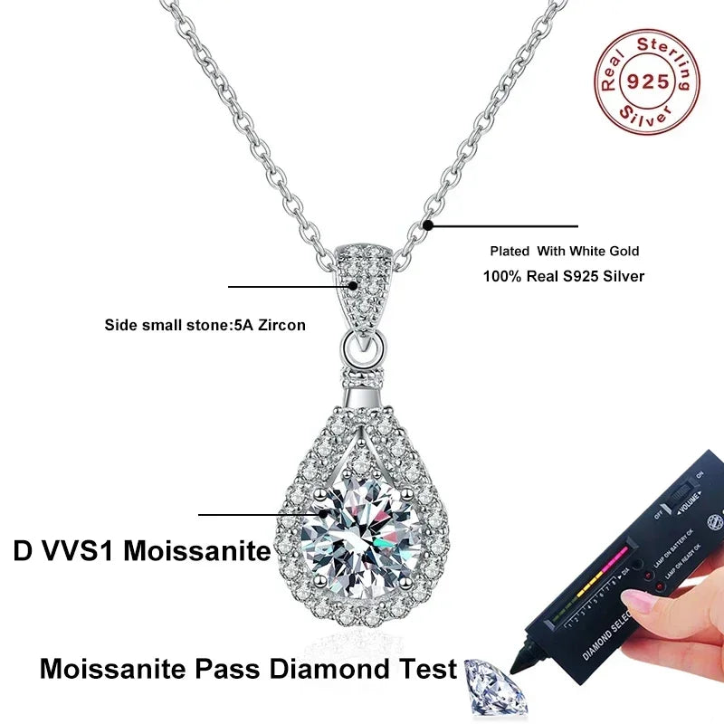 NeeTim 1CT 2CT 5CT Moissanite Pendant For Women 925 Sterling Silver Lab Diamond Plated with White Gold Necklace Wedding Jewelry - Brileon