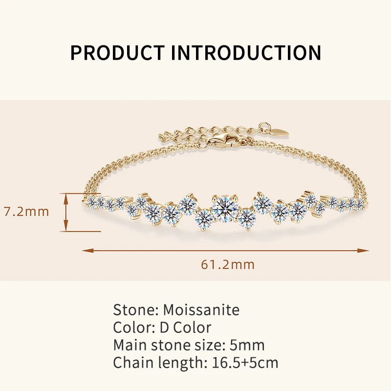 Lnngy Moissanite Bracelet With Certificate 925 Sterling Silver Adjustable Double Chain Bracelets for Women Wedding Jewelry Gift - Brileon