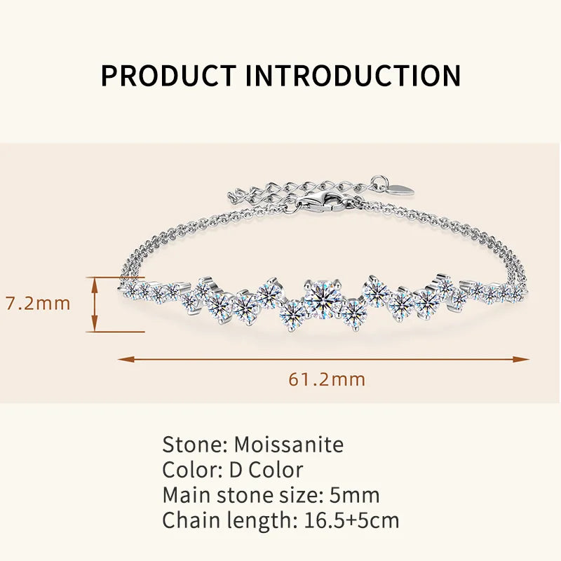 Lnngy Moissanite Bracelet With Certificate 925 Sterling Silver Adjustable Double Chain Bracelets for Women Wedding Jewelry Gift - Brileon