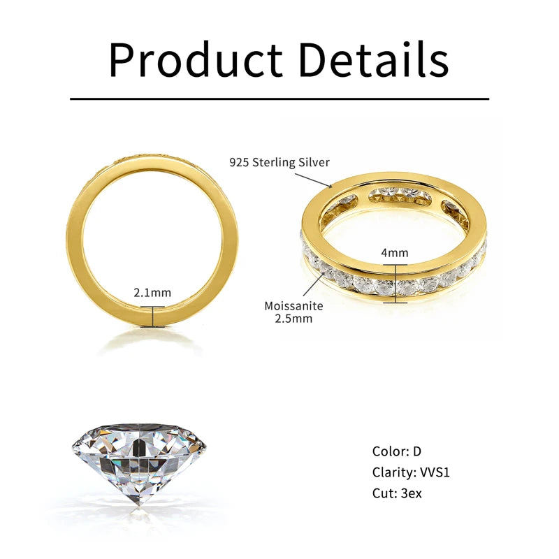 RAPRGOLD Real S925 Silver Groove Inlaid with D VVS1 Round Moissanite Ring for Women Fashion Wedding Ring with GRA Eternity Band - Brileon