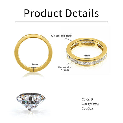 RAPRGOLD Real S925 Silver Groove Inlaid with D VVS1 Round Moissanite Ring for Women Fashion Wedding Ring with GRA Eternity Band - Brileon