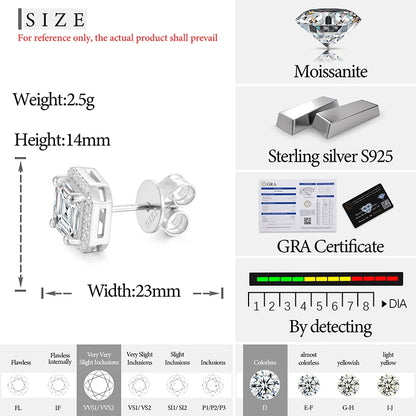 D VVS Ascher Cut Moissanite Square Stud Earrings 925 Sterling Silver High Quality For Women Wedding Jewelry Passed Diamond Test - Brileon