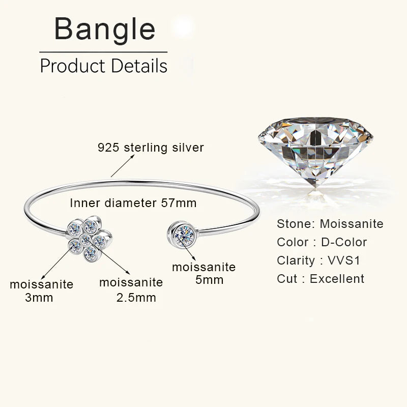 Lnngy Exquisite Flower Cuff Bracelet Bezel Moissanite Adjustable Bracelets For Women Girl 925 Sterling Silver Wrist Jewelry Gift - Brileon