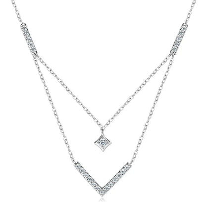 Lnngy Sparkling 3mm&1.8mm Round Moissanite Necklace 925 Sterling Silver Fashion V-Shape Necklaces for Women Fine Jewelry Gift - Brileon