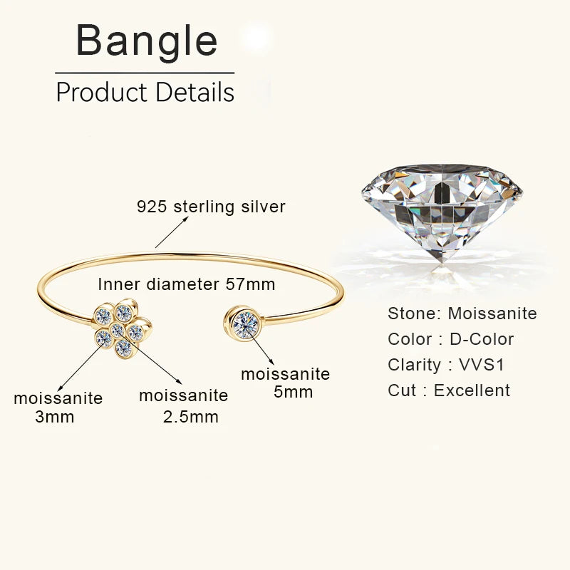 Lnngy Exquisite Flower Cuff Bracelet Bezel Moissanite Adjustable Bracelets For Women Girl 925 Sterling Silver Wrist Jewelry Gift - Brileon